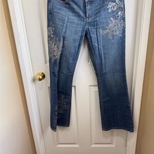 Express Blue Floral Embroidered Flare Jeans. Size 10 inseam 32